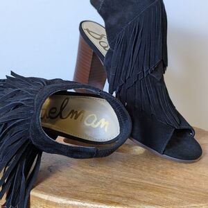 Sam Edelman 6.5 Blk Suede Tier Fringe Block Heel Open toe